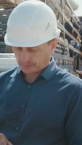 construction engineer reviewing project on tablet