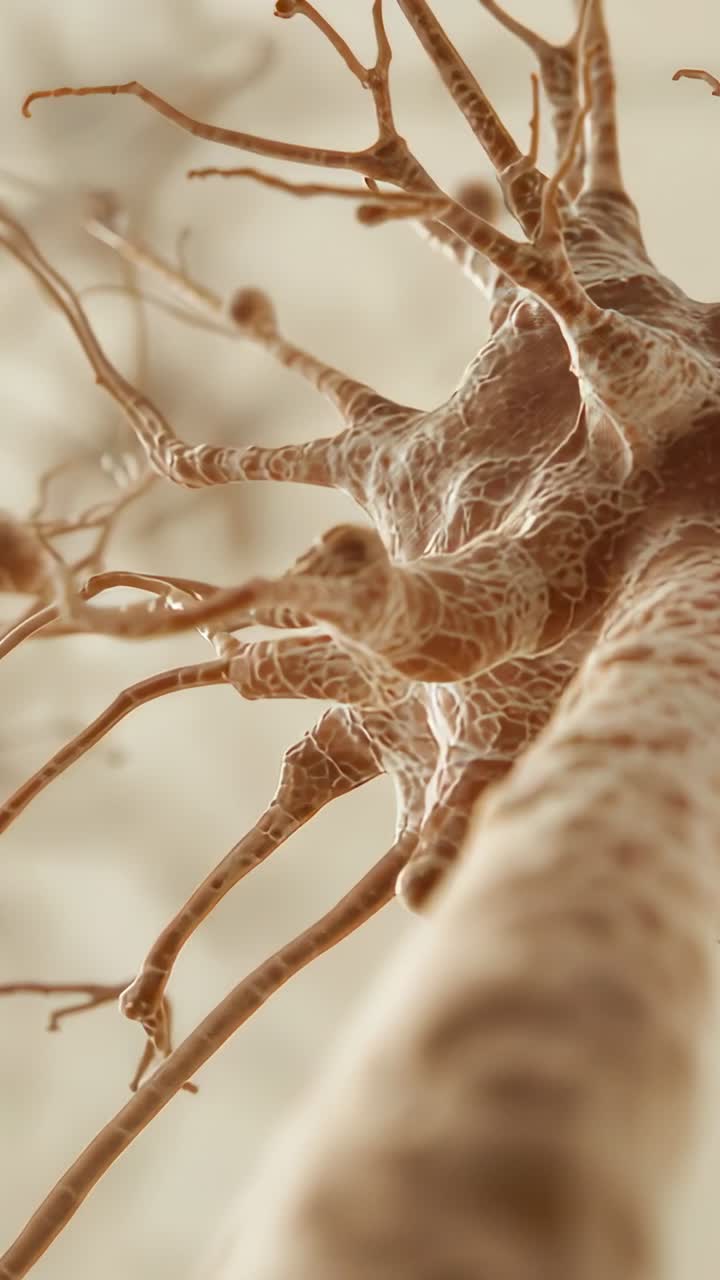 Video verticale: Telecamera in movimento che rivela il soma di un neurone al microscopio, mostrando filopodi e protuberanze.