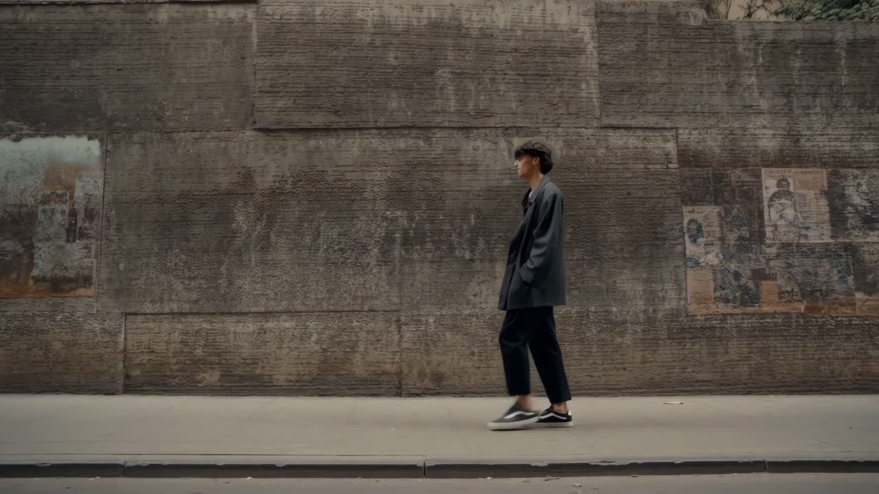Person walking on sidewalk next to a building