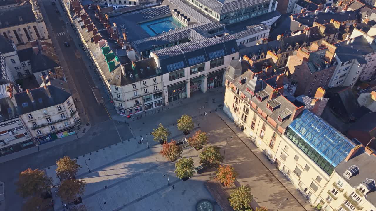 Tilted drone fly over the urban Place Hoche square in the city center of Rennes, Brittany, France