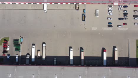 Aerial-view-of-the-logistics-warehouse-with-trucks-waiting-for-loading