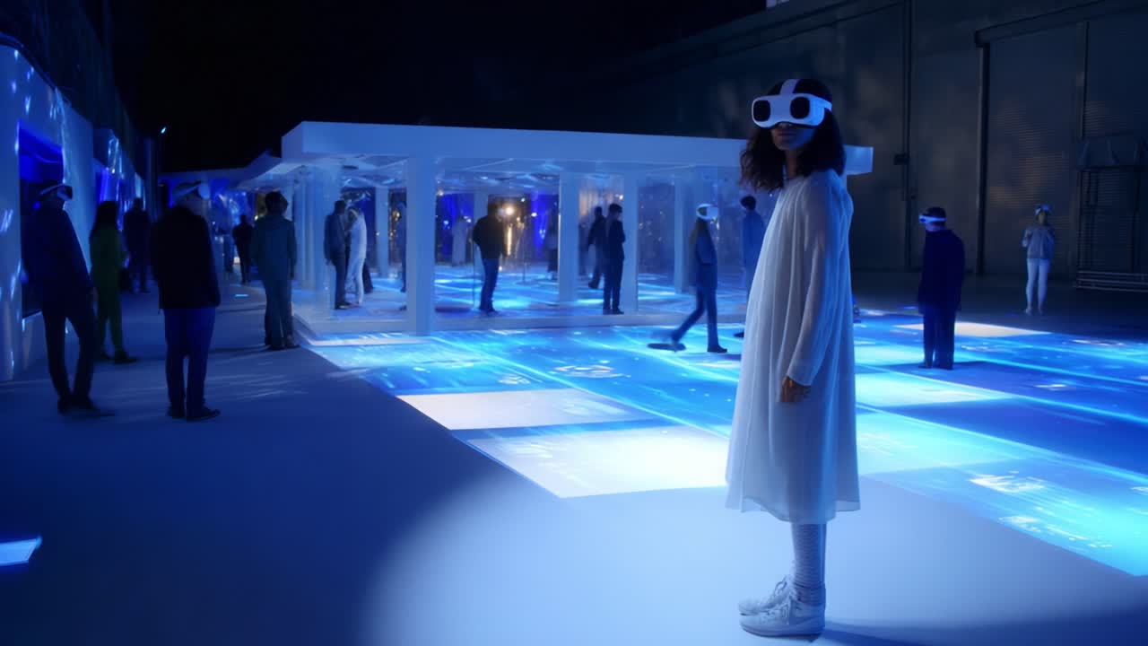 A captivating scene from a futuristic immersive experience, showcasing individuals engaging with advanced technology and virtual reality in an ethereal illuminated environment