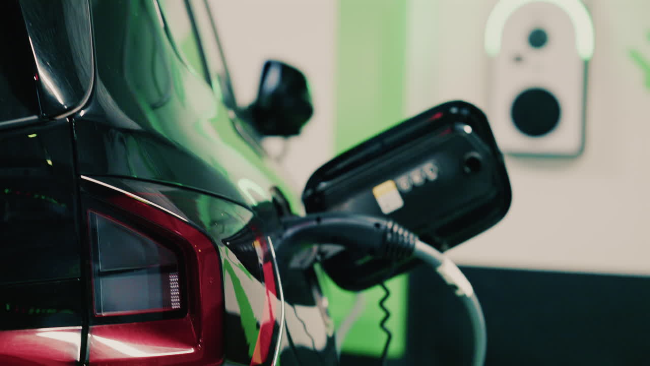 Close up view of a black electric car plugged into a charging station