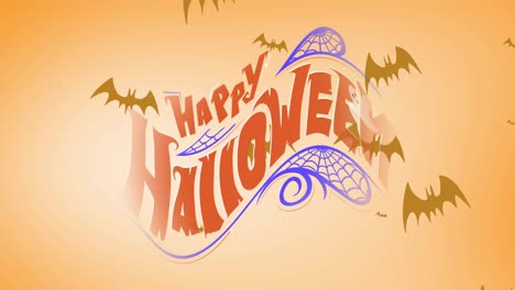 Animation-of-happy-halloween-text-over-failing-bats-on-orange-background