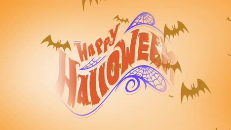 animation of happy halloween text over failing bats on orange background