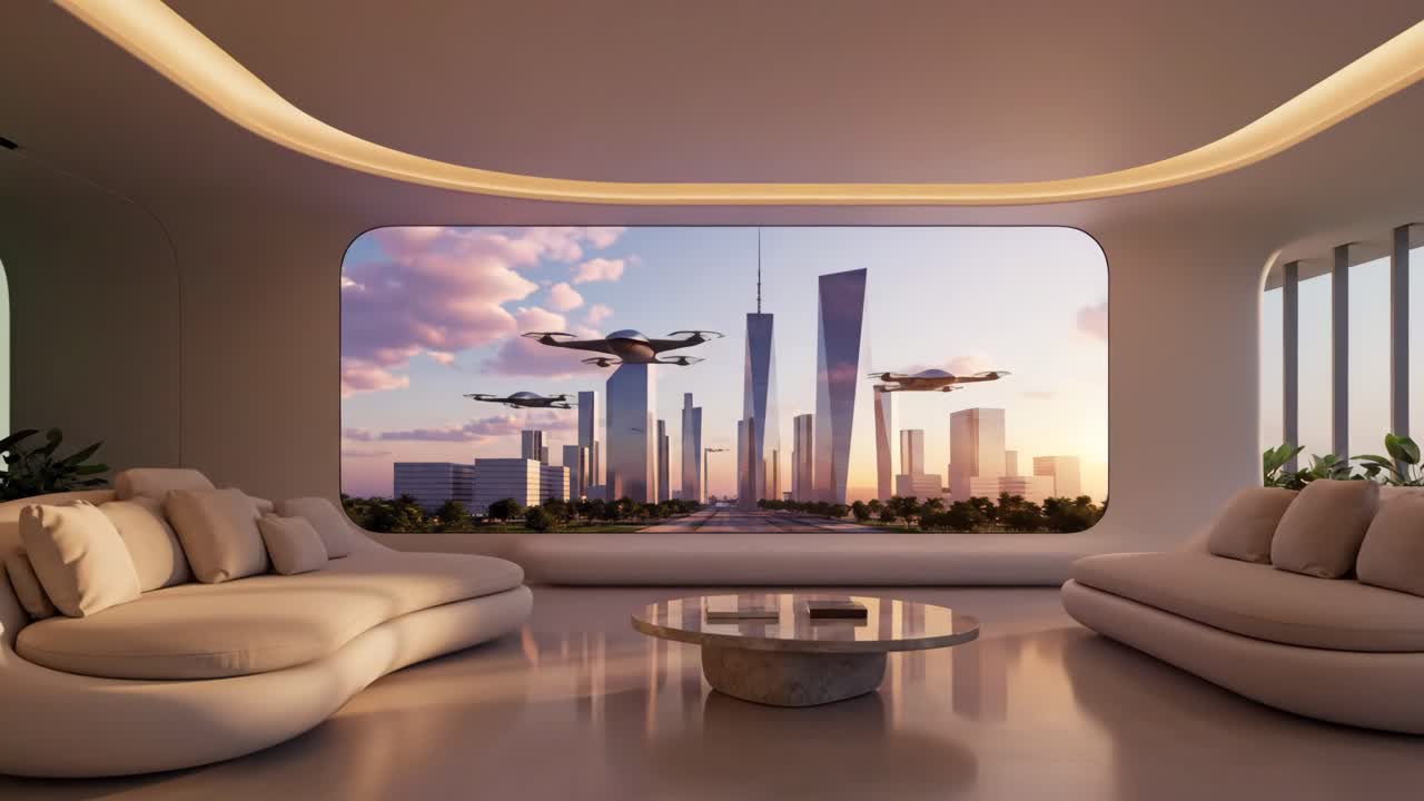 Futuristic Living Room with Autonomous Drone Taxi View