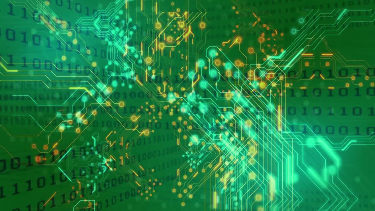 Starting on green code field turquoise-gold circuit traces expanding pulsing and showing data flow