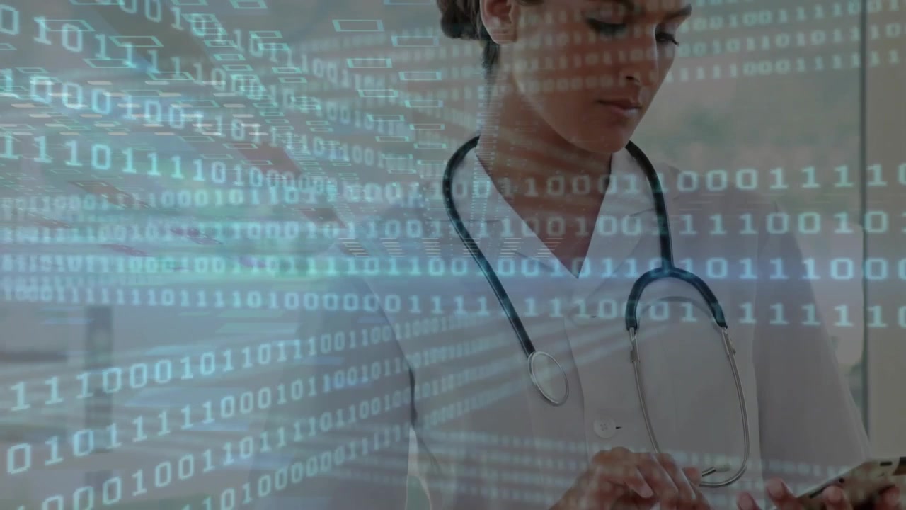 Animation of binary coding data processing over female doctor