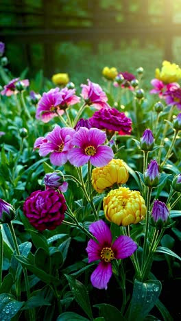 vibrant garden scene highlighting colorful flower blossoms radiating delicate beauty, softly illuminated by morning sunlight filtering across verdant petals and fresh greenery