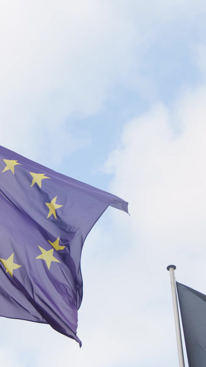 Bandiere dell'Unione Europea e del Belgio sventolano alla luce del giorno, fotografate dal basso verso l'alto con illuminazione morbida e naturale.