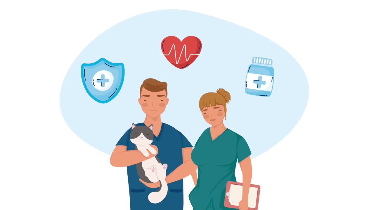 пара ветеринарных работников поднимает анимацию кошки