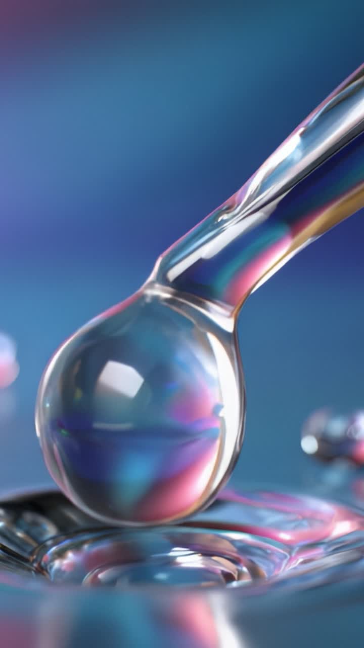 Macrofotografia di una pipetta da laboratorio in procinto di rilasciare una goccia di liquido, mettendo in mostra riflessi di colore e tensione superficiale su uno sfondo vivido.