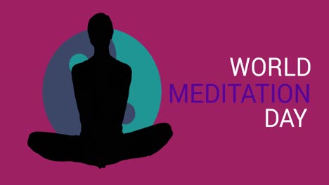 animation of world meditation day text with woman meditating silhouette on purple background