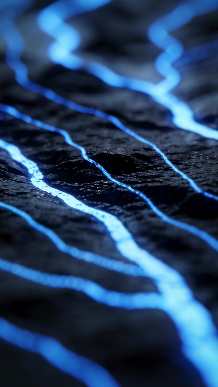 Vertical video: Shifting light animating glowing blue channels at macro scale, showing rough ridges