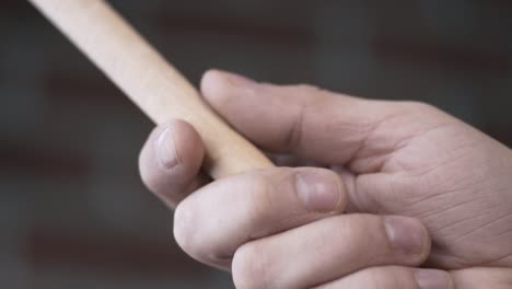 close-up of a hand holding a wooden utensil