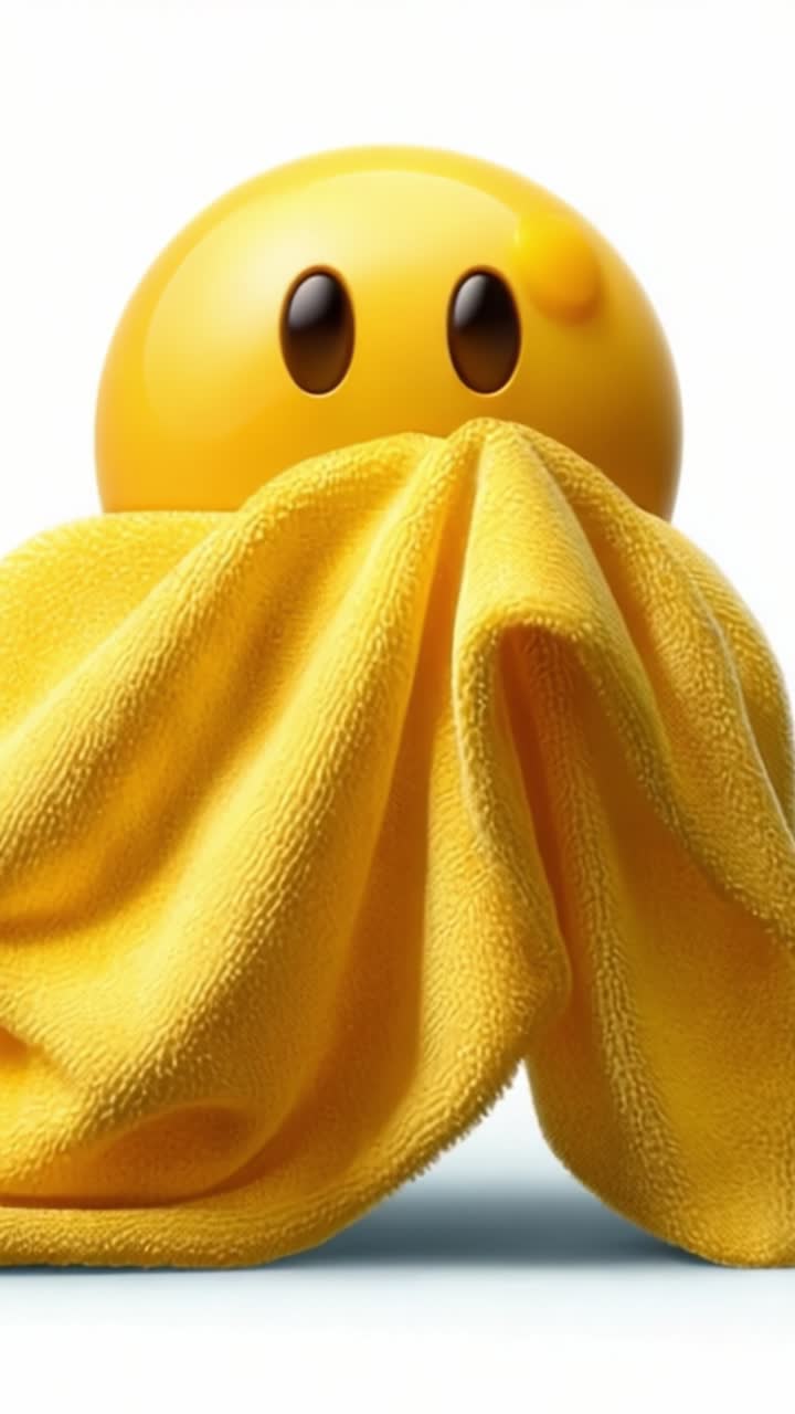 Un'emoticon gialla allegra fa capolino da dietro un soffice asciugamano giallo, esprimendo un umore giocoso e stravagante, catturando l'essenza di calore e comfort.