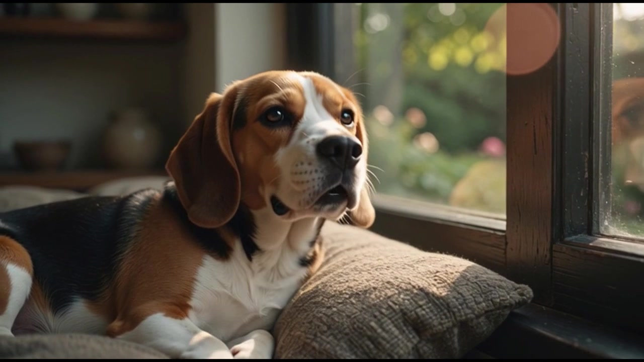 Cane Beagle che riposa su un cuscino vicino alla finestra