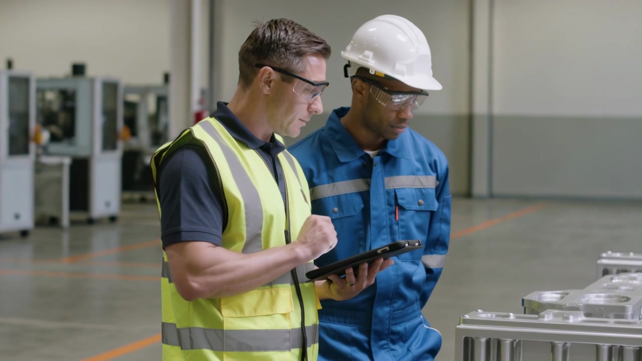 Tapping tablet, lead in hi-vis checking list at plant, tech in hardhat pointing housings confirming