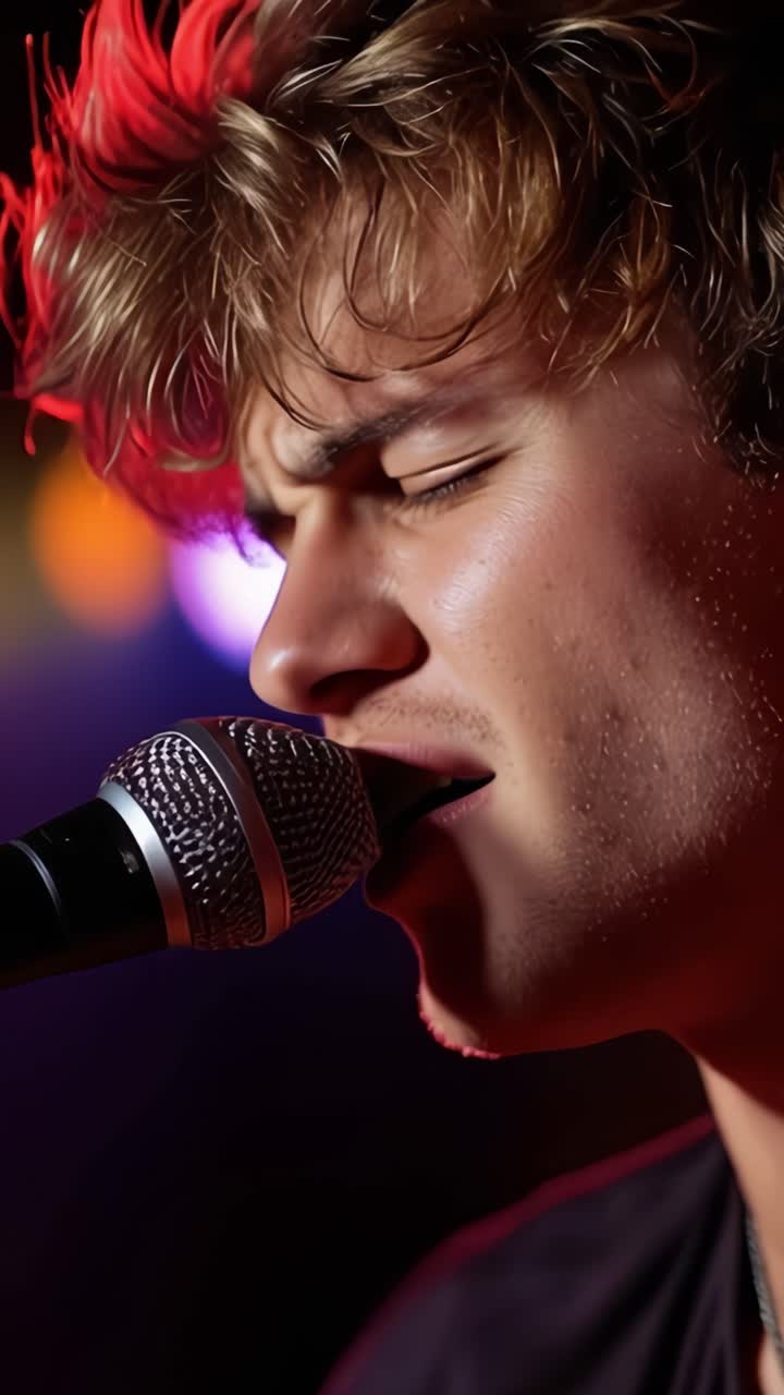 Dynamic Vocal Performance Captured in Stunning Close-Up - A Talented Singer Enveloped by Vibrant Stage Lighting and Emotion Focusing on the Musical Connection