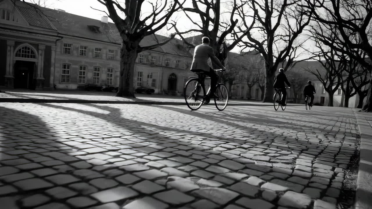 Person Cycling on a Cobblestone Street in Black and White