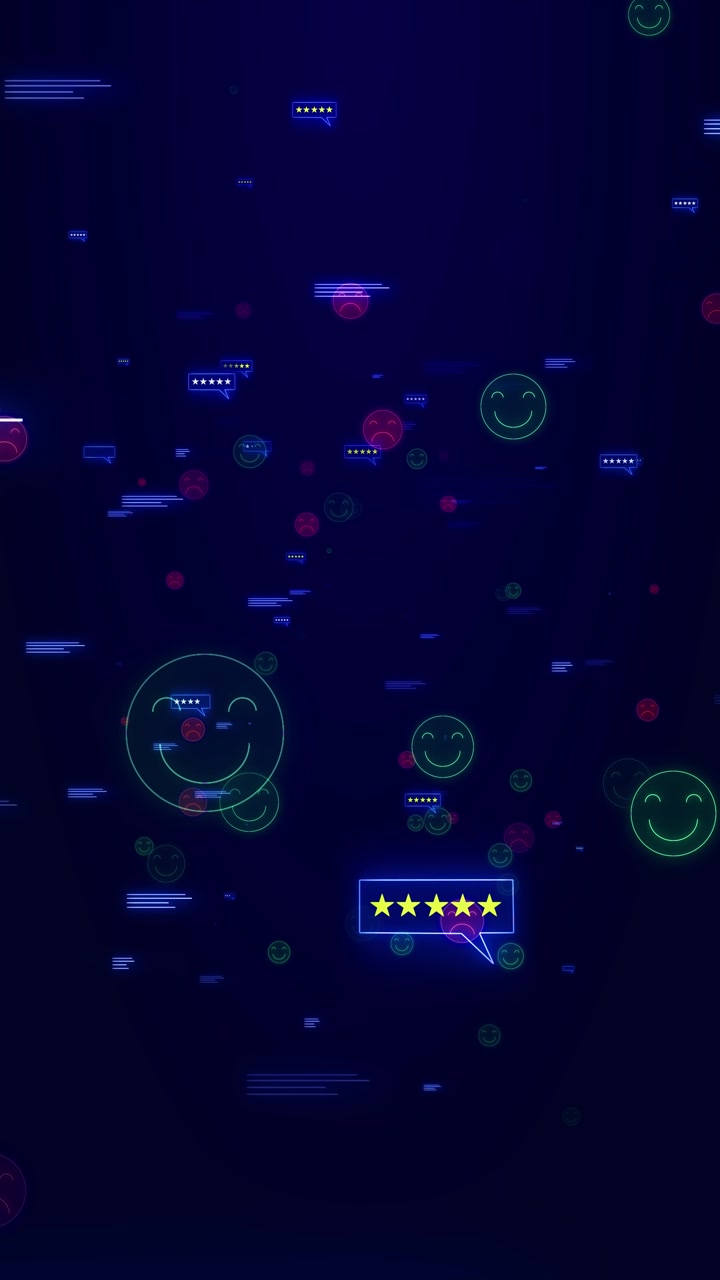 Mørk feedback-baggrund med flydende neon smilende og triste ansigter, anmeldelsesbobler, stjernebedømmelser og chat.
