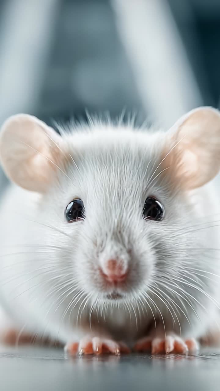 Primo piano di un topo da laboratorio bianco che mostra le sue caratteristiche distintive e gli occhi espressivi in un ambiente con messa a fuoco morbida