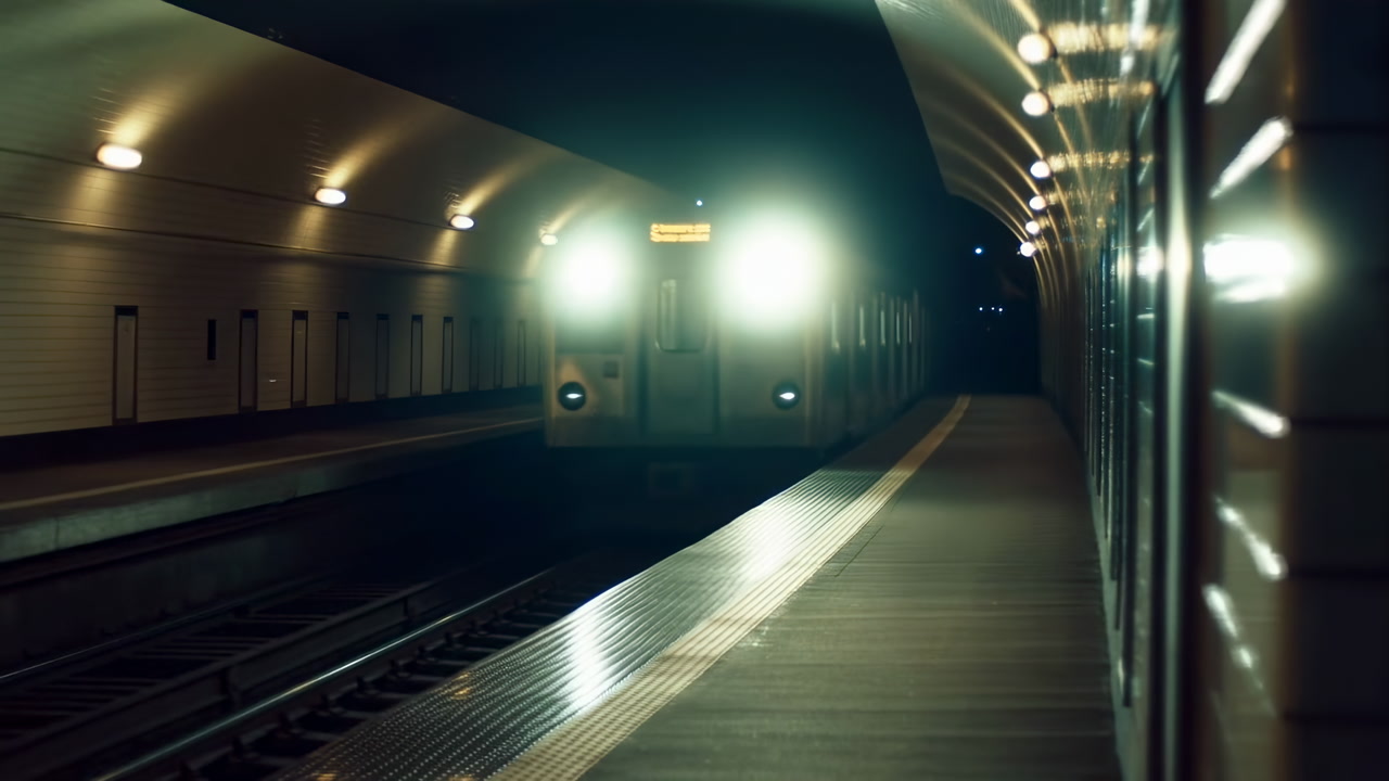 Subway Train Approaching Dark Underground Station with Bright Headlights