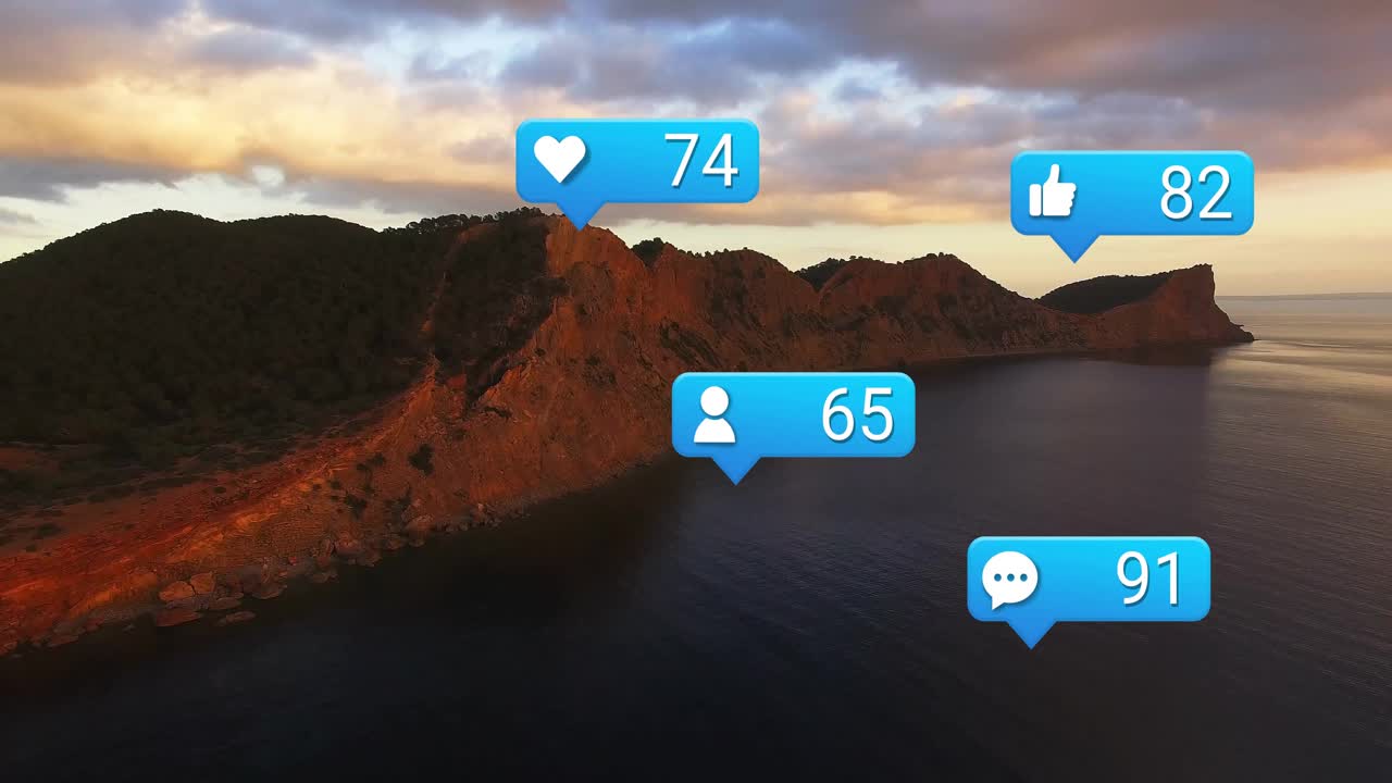 Upon sunlight shining notification bubbles popping and counting up over headland showing engagement