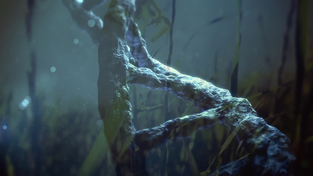 animación de una hebra de adn 3d girando sobre la hierba y la luz del sol