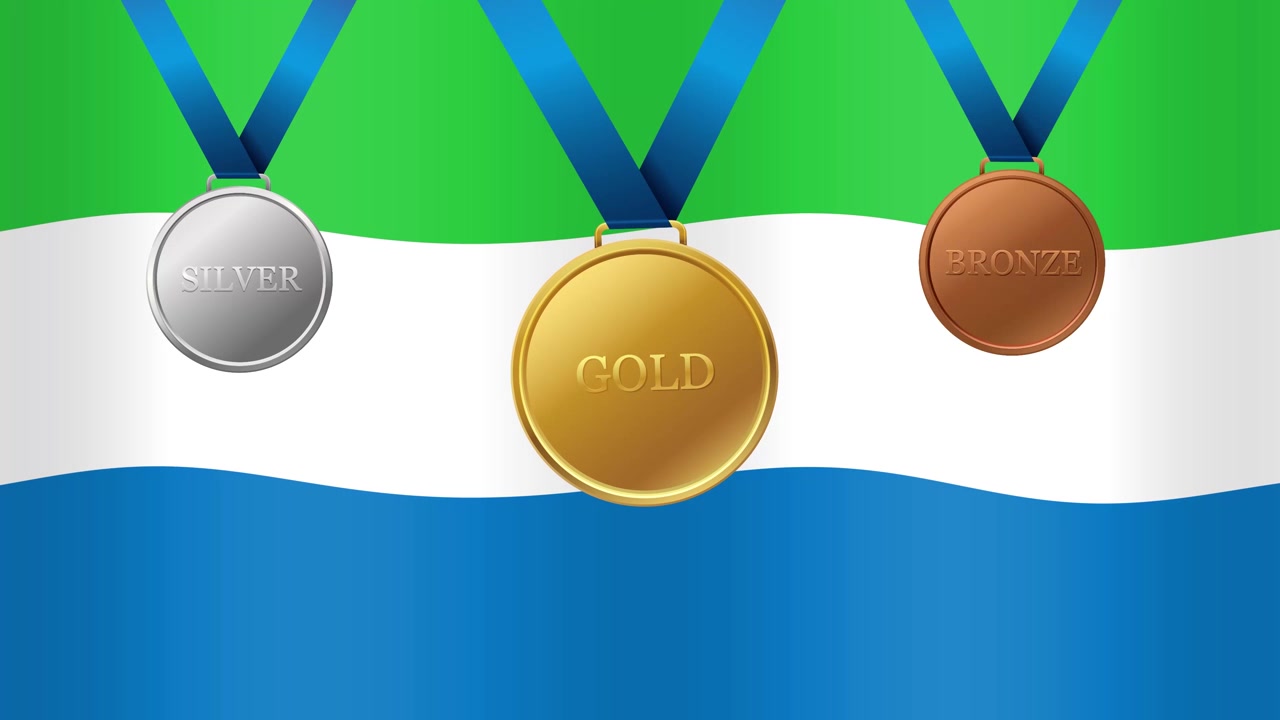 Animowane tło z flagą Sierra Leone ze złotymi, srebrnymi i brązowymi medalami wiszącymi na niebieskich wstążkach