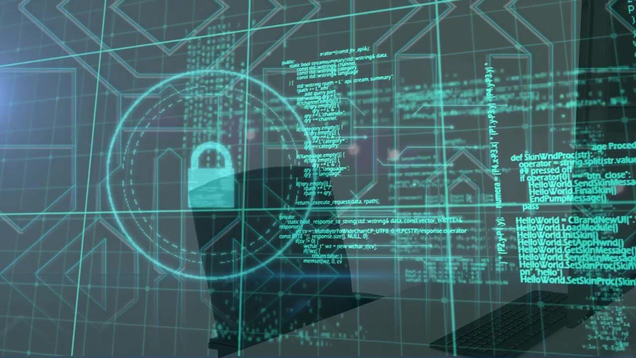 Animazione di un lucchetto digitale in un cerchio e elaborazione dati su computer in ufficio
