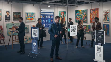 exploring interactive art at a modern exhibition: visitors engaged with digital displays amidst vibrant paintings and creative qr codes