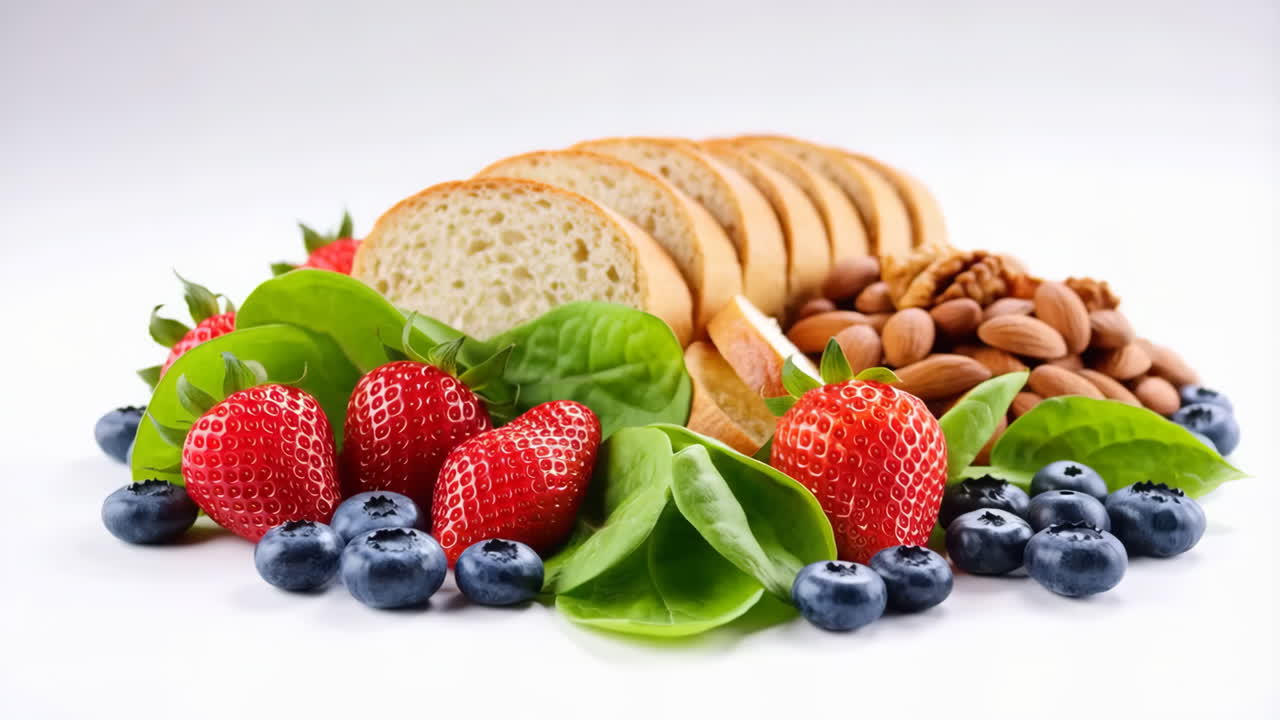 Assortment of Healthy Breakfast Foods with Berries, Bread, and Nuts