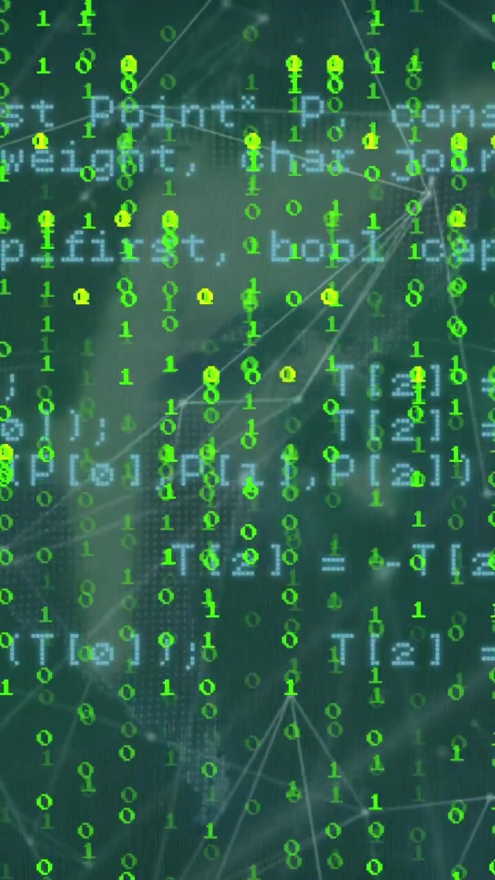 Animation of binary coding and data processing over globe of plexus networks on green background