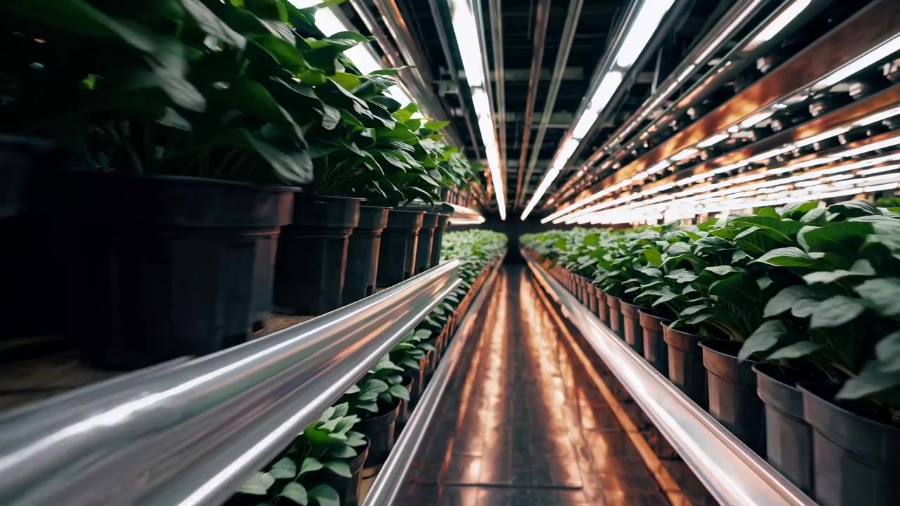 Moderne Vertikalfarm, die Setzlinge unter künstlichem Licht kultiviert