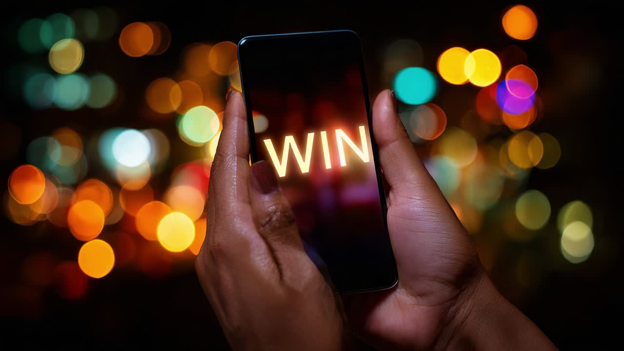 A person holding a smartphone displaying the word 'WIN' prominently in illuminated text against a vibrant, colorful, and blurred background showcasing glowing lights, symbolizing success and achievement