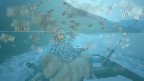 Digital-composite-video-of-man-and-dog-in-an-electric-boat-at-lake-against-american-dollars-falling