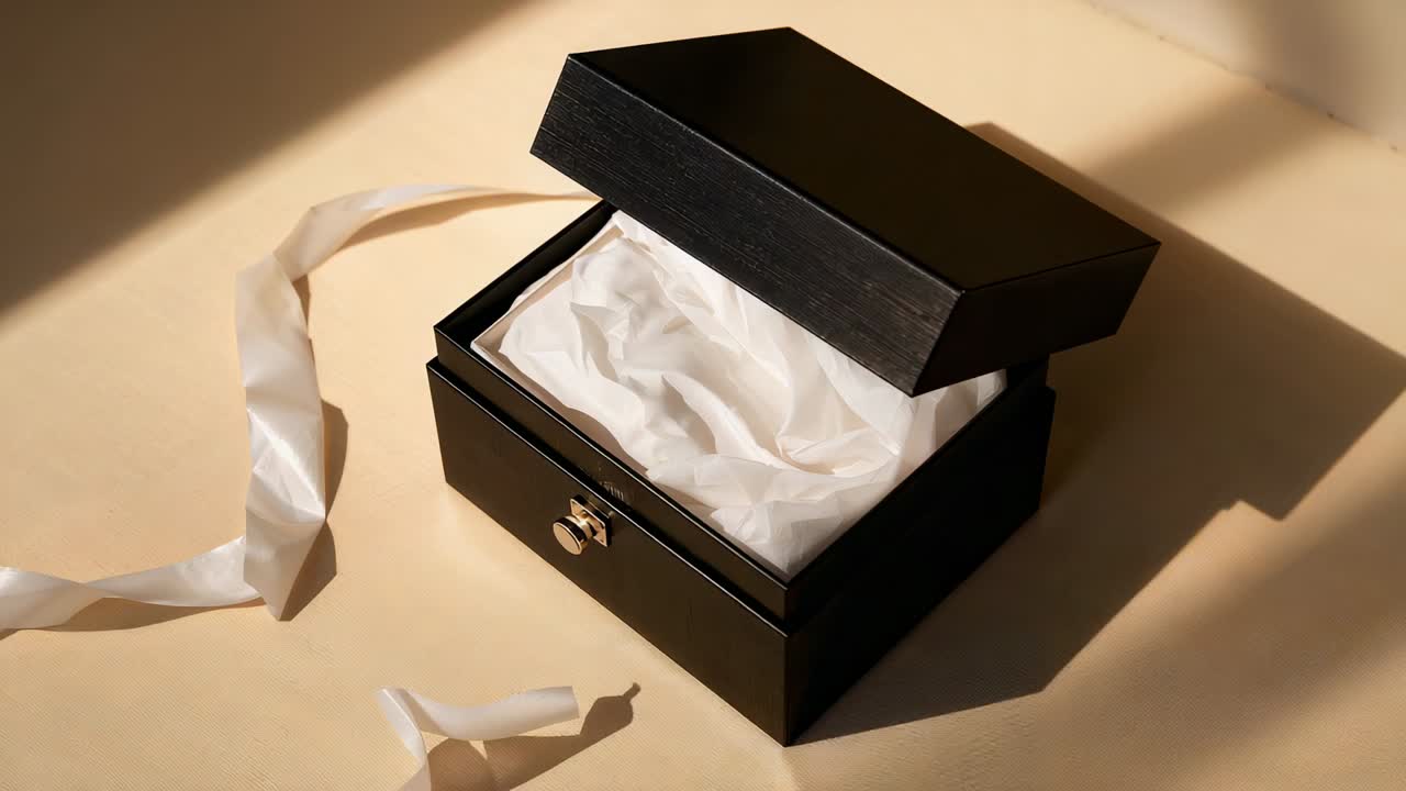 Spostamento della luce, che fa abbassare il coperchio della scatola nera a cerniera sul tavolo beige, fazzoletto di carta e nastro appallottolati