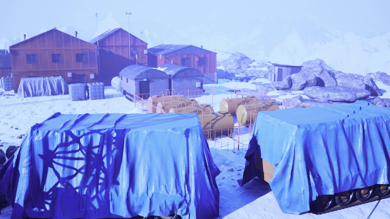 Research station in snowy mountain landscape during winter season
