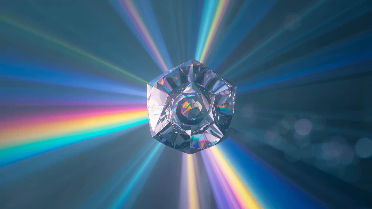 Rotating faceted gemstone following backlight activation in dark-blue studio, with rainbow beams