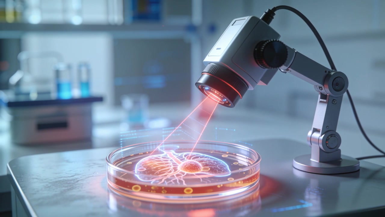 Emitting scanner projecting red beam over petri dish on bench, showing holo vascular map for study