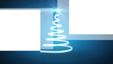 Animation-of-christmas-white-ribbon-forming-christmas-tree-on-blue-background