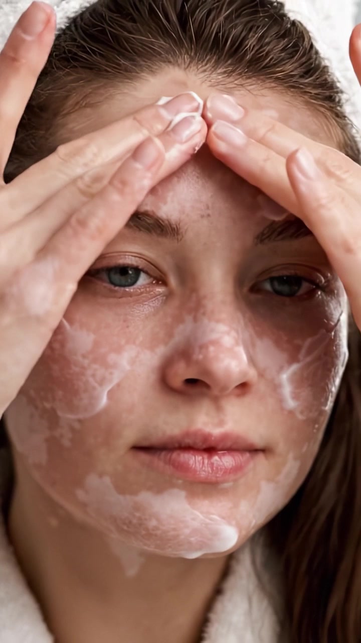A Skincare Routine: The Art of Application as a Young Woman Applies Gentle Cleansing Foam to Her Face, Focusing on Refreshing and Revitalizing Her Skin's Health