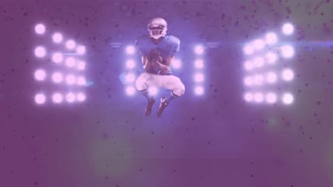 Digital-composite-video-of-purple-glowing-spots-moving-against-male-rugby-player-catching-a-rugby-ba