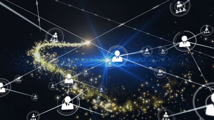 Animation of network of connections with icons over glowing lights