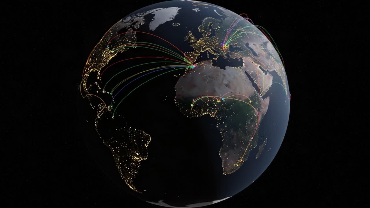A Global Network Visualization: Illuminated Connections and Pathways Across Continents in a Darkened Space Environment