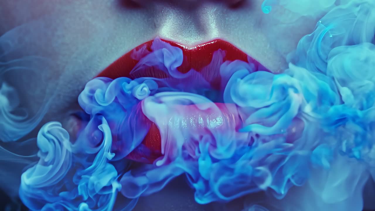 A woman's lips are painted red and she is smoking a cigarette. The image has a moody and mysterious feel to it, as the woman's lips are the only visible part of her face