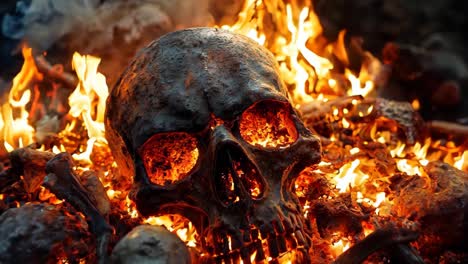 a skull is sitting in the middle of a pile of skulls on fire