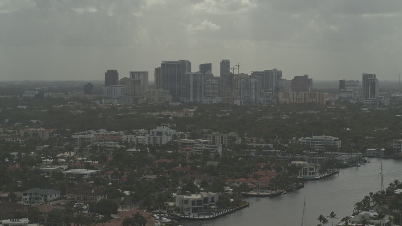 Fort Lauderdale Florida Aerial v14 left to right pan shot of a cityscape of the Seven Isles during a rainy day - DJI Inspire 2, X7, 6k - March 2020