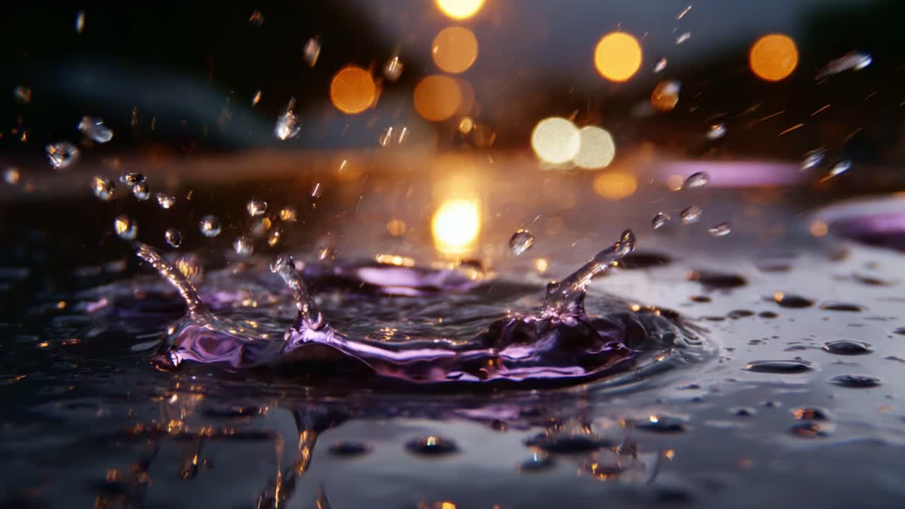 Captivating Nighttime Reflection: Vibrant Raindrops Create Beautiful Patterns on Paved Surface with Soft Bokeh Lights in the Background During Rainy Evening Hours